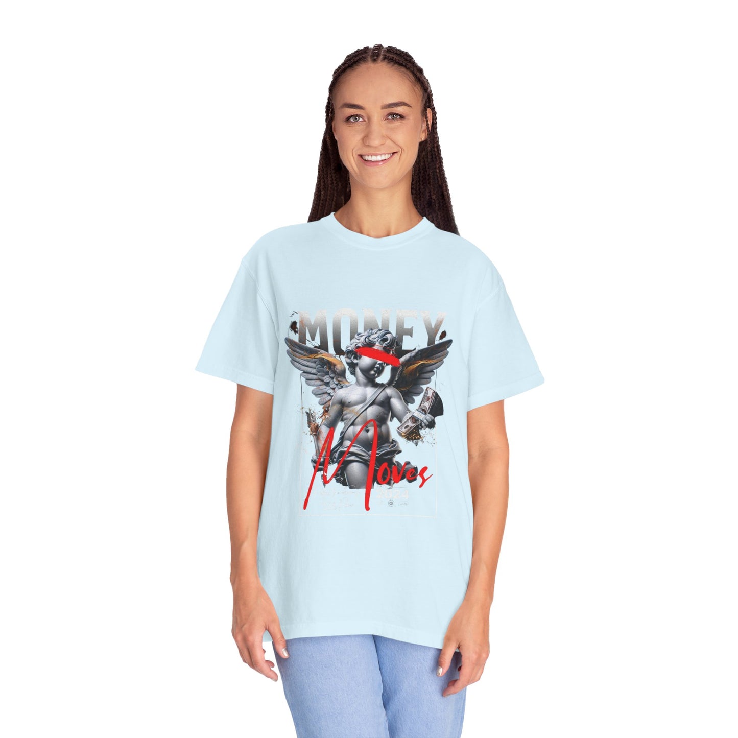 Money Loves T-Shirt — Graphic Angel Statue Design (2024)