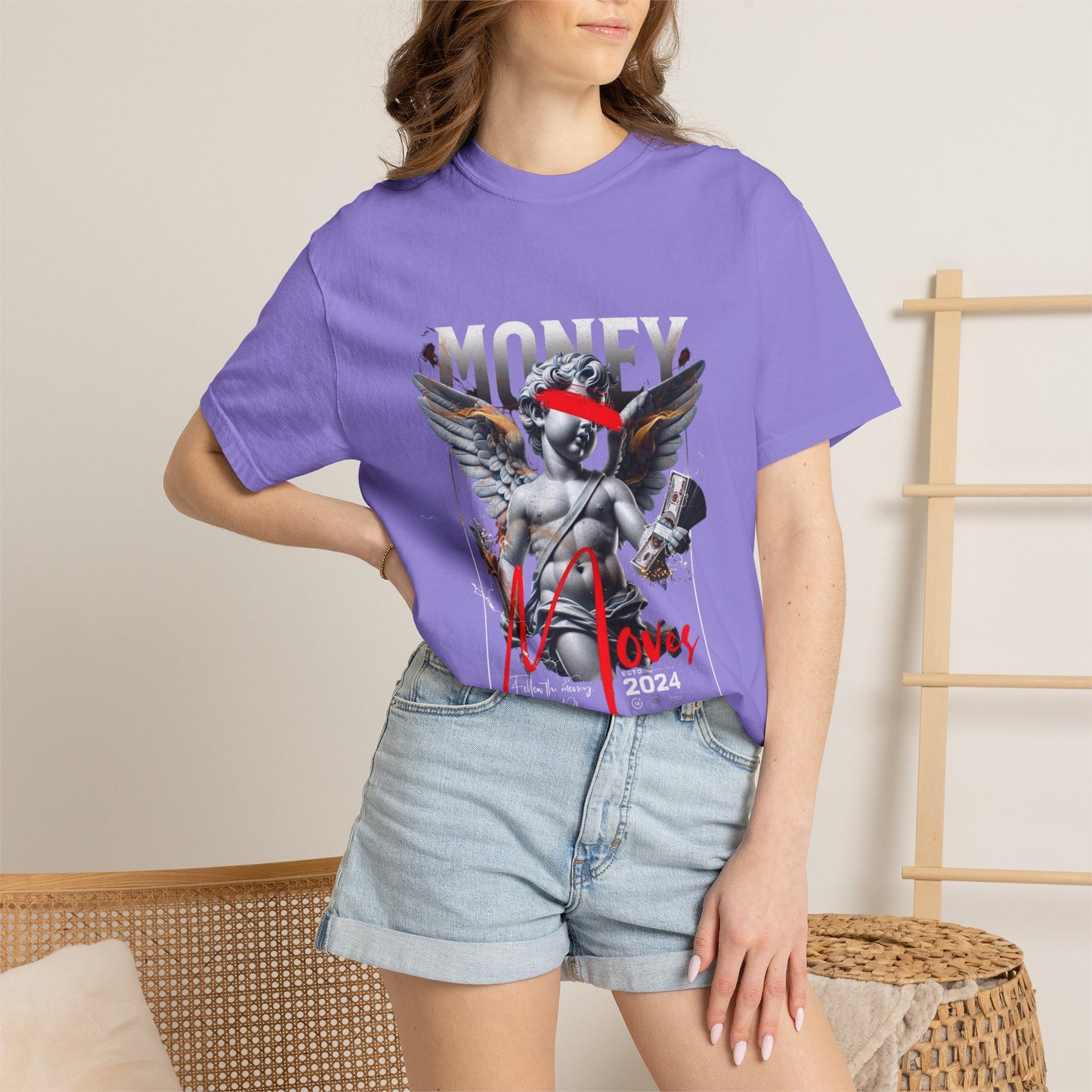 Money Loves T-Shirt — Graphic Angel Statue Design (2024)