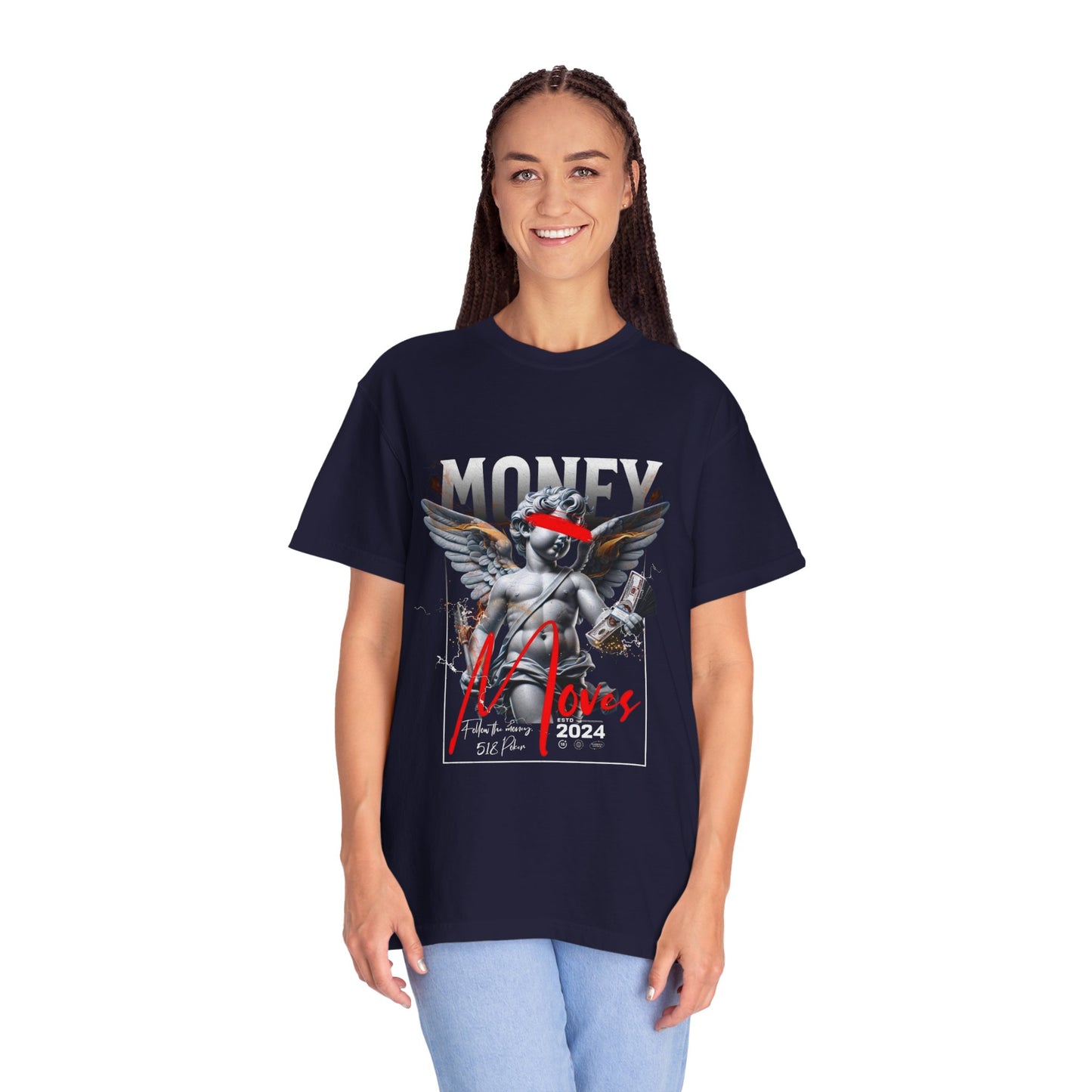 Money Loves T-Shirt — Graphic Angel Statue Design (2024)