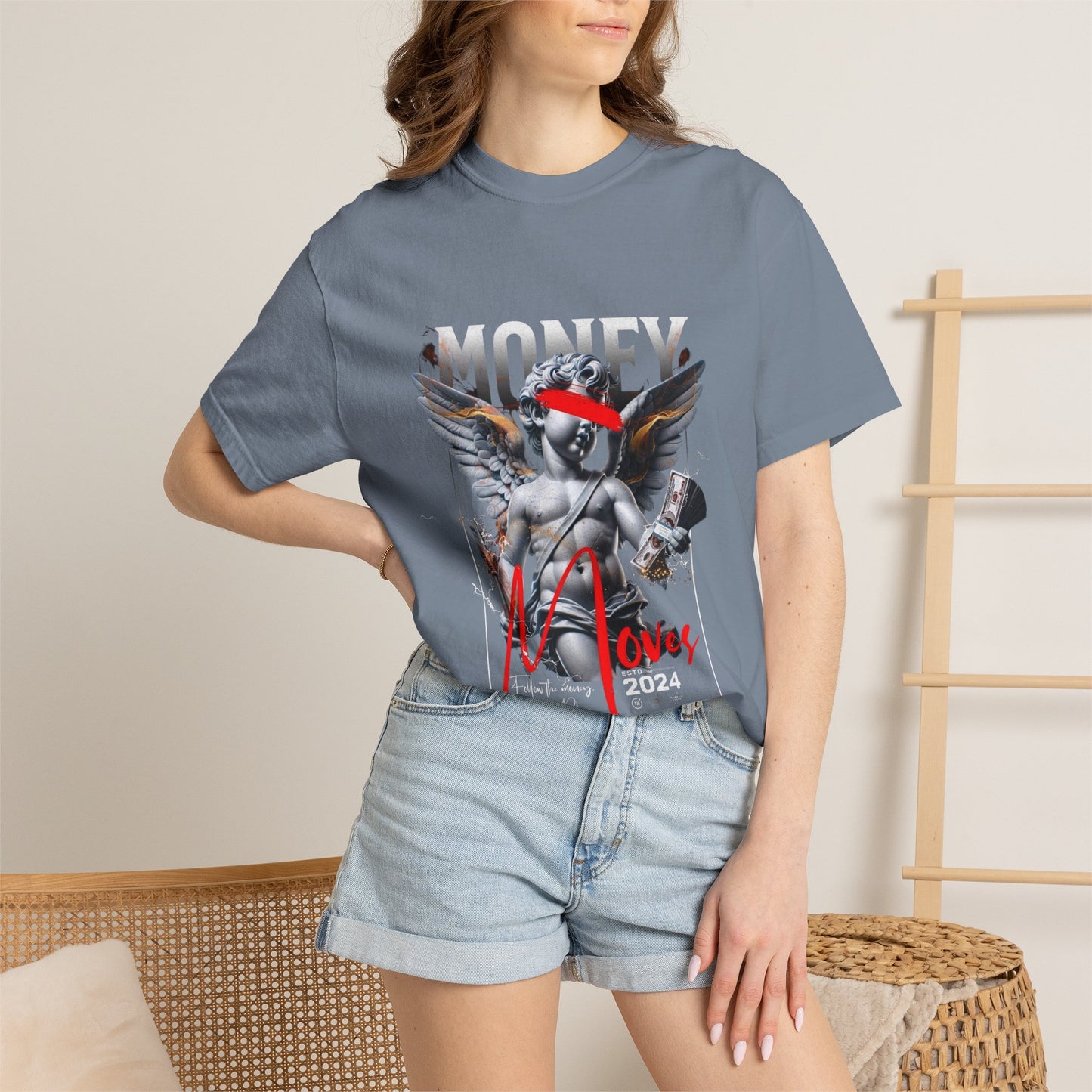 Money Loves T-Shirt — Graphic Angel Statue Design (2024)