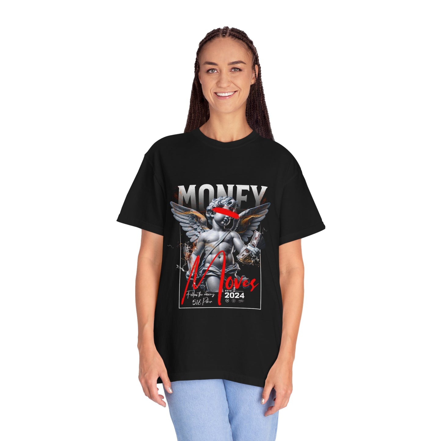 Money Loves T-Shirt — Graphic Angel Statue Design (2024)