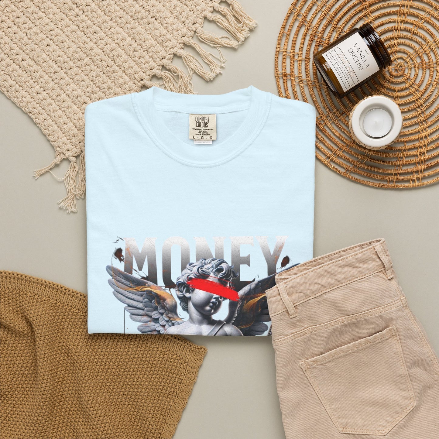 Money Loves T-Shirt — Graphic Angel Statue Design (2024)