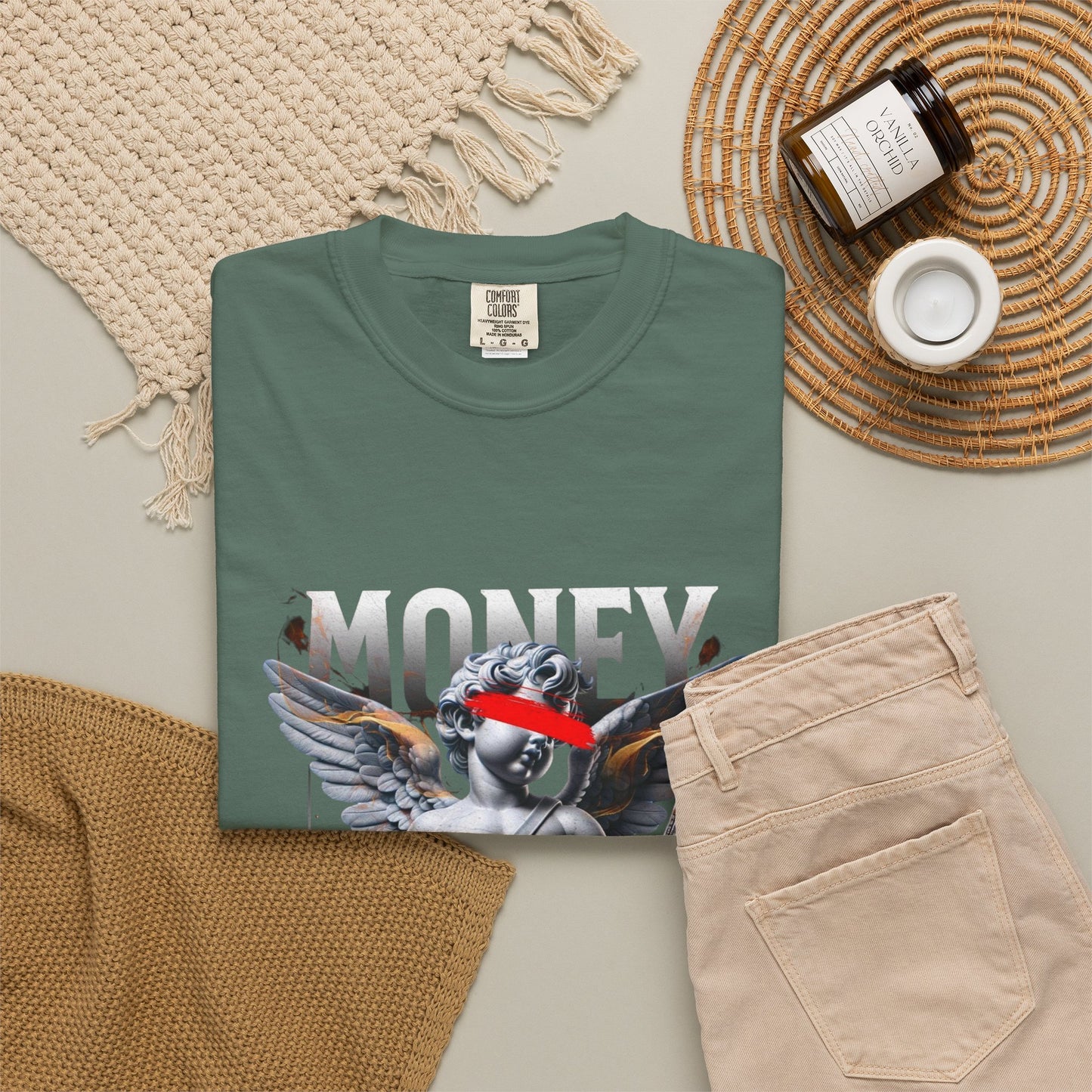 Money Loves T-Shirt — Graphic Angel Statue Design (2024)