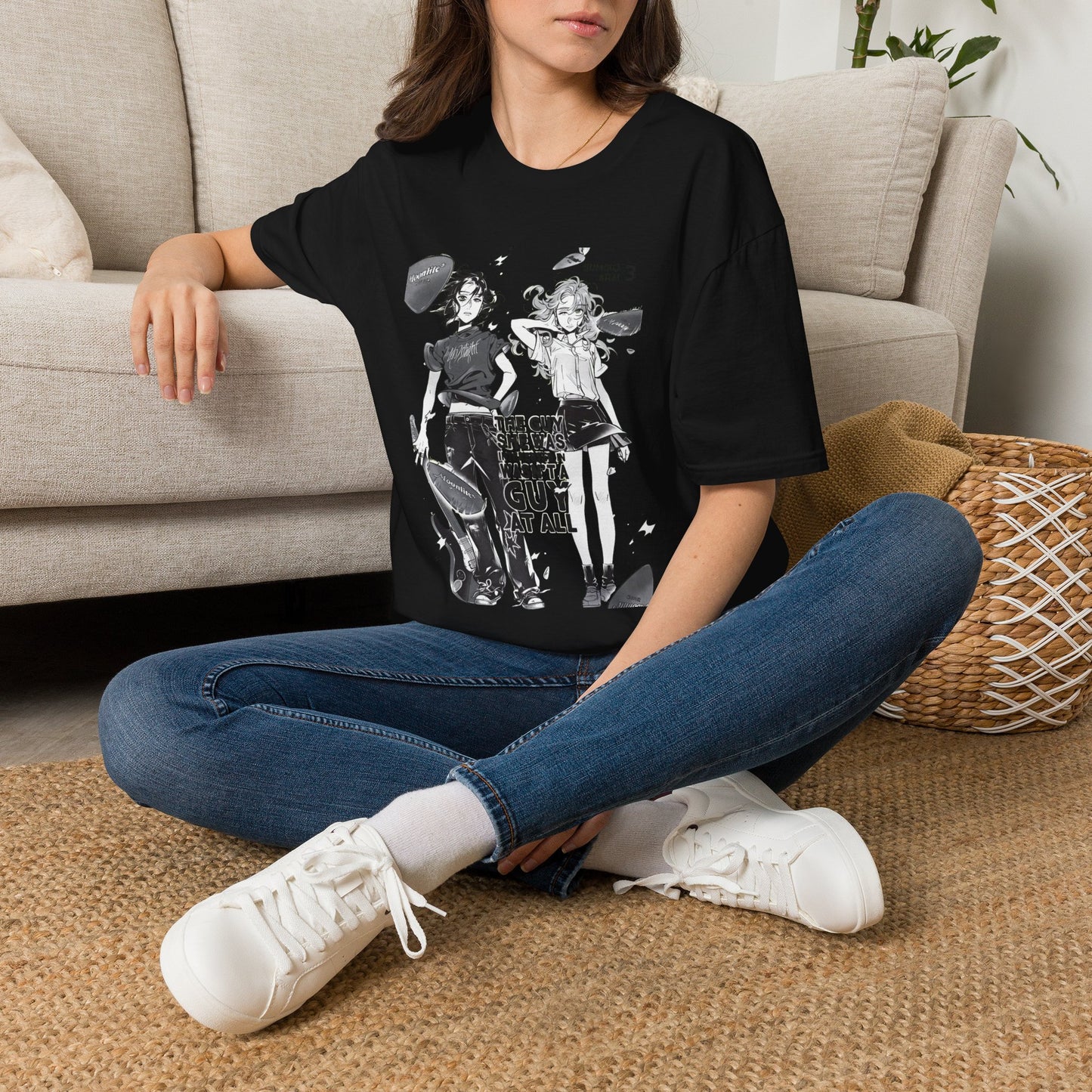 Anime Girl Duo Graphic T‑Shirt — Black Retro Manga Design