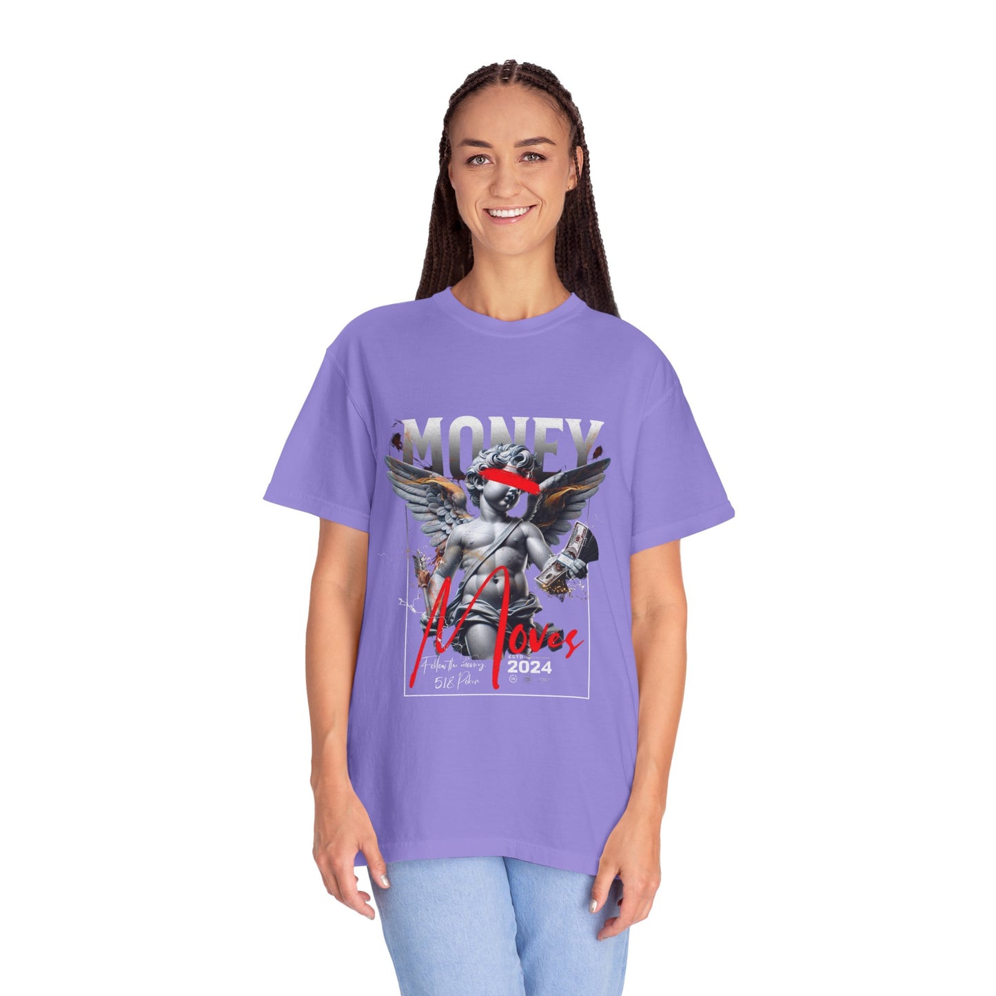 Money Loves T-Shirt — Graphic Angel Statue Design (2024)