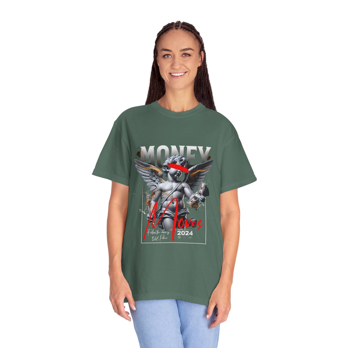 Money Loves T-Shirt — Graphic Angel Statue Design (2024)