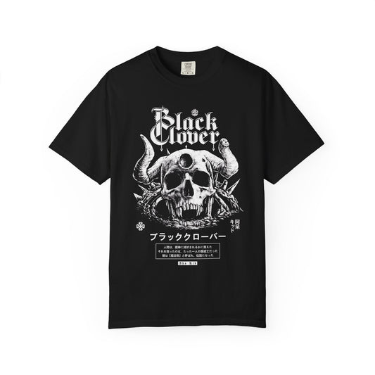 Black Clover Skull Tee — Gothic Horned Skull Graphic T-Shirt