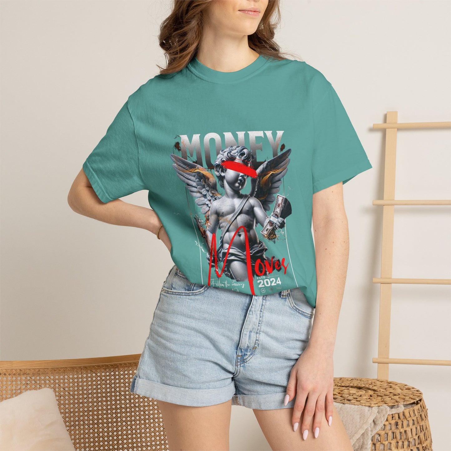 Money Loves T-Shirt — Graphic Angel Statue Design (2024)